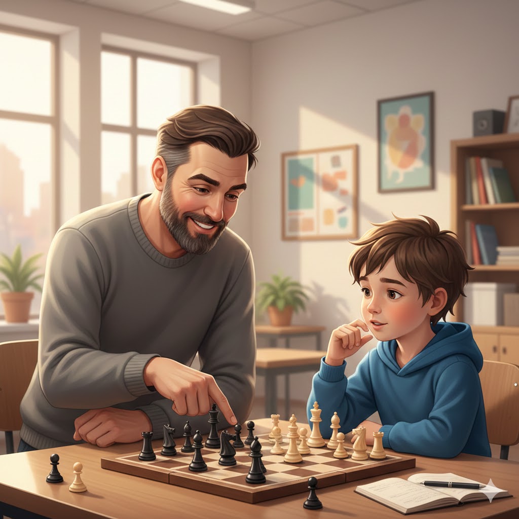 Дете анализира шахматна партия с треньор