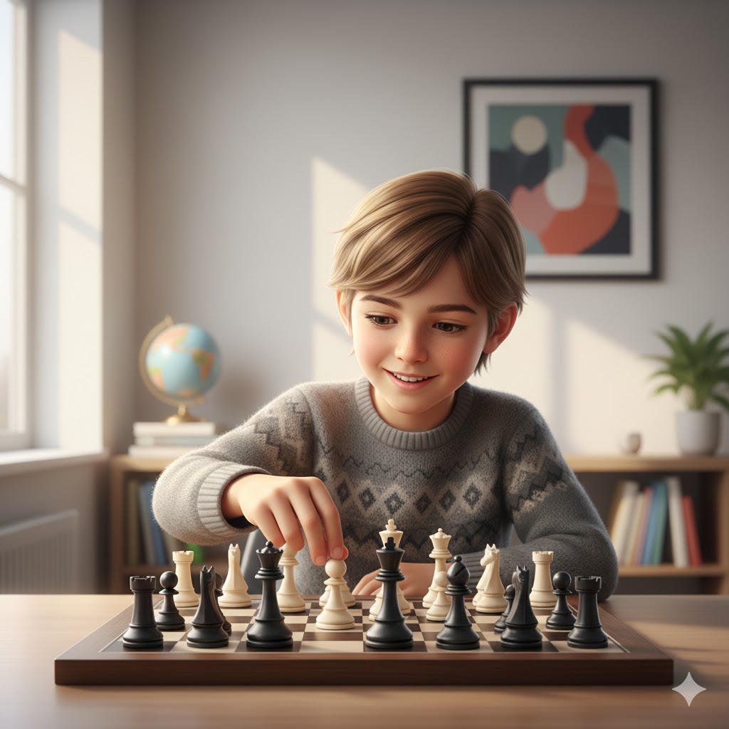 Дете, което подрежда фигури в началото на партия
