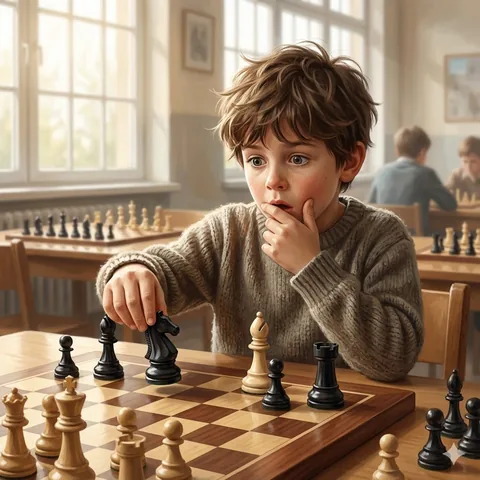 Дете, което прави грешка в шахматна позиция