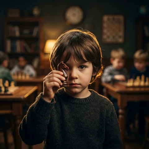 Дете съсредоточено в шахматна фигура, cinematic lighting