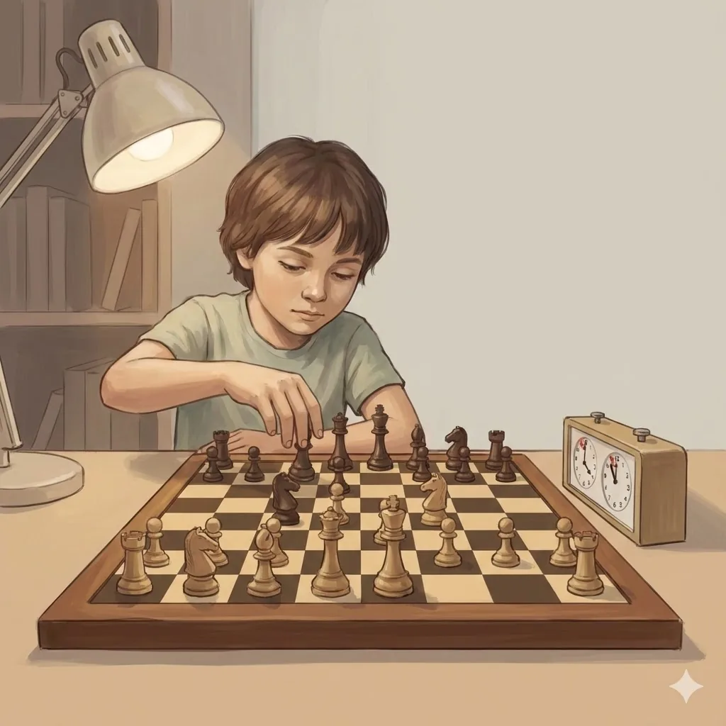 Дете, концентрирано върху шахматна позиция