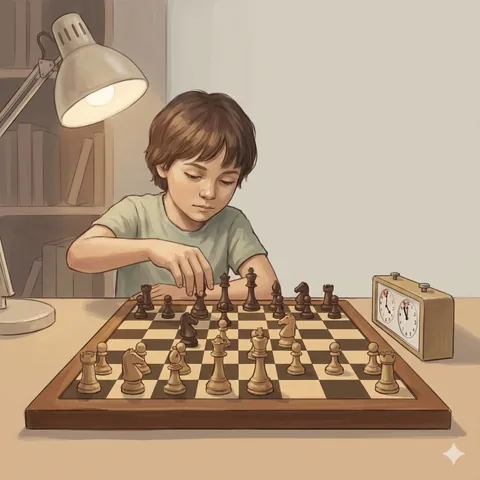 Дете, концентрирано върху шахматна позиция