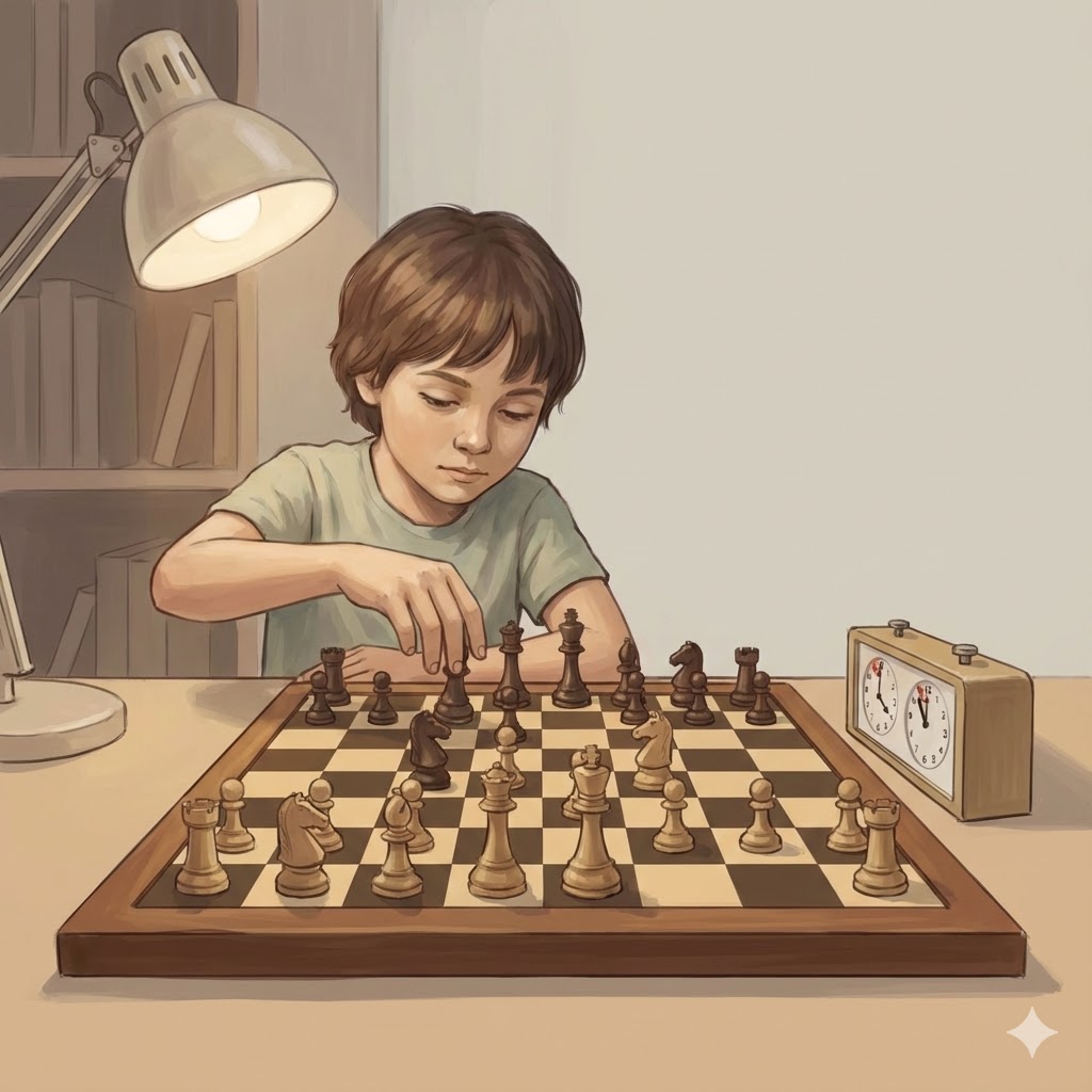 Дете, концентрирано върху шахматна позиция
