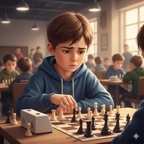 Дете играе шах в турнирна обстановка