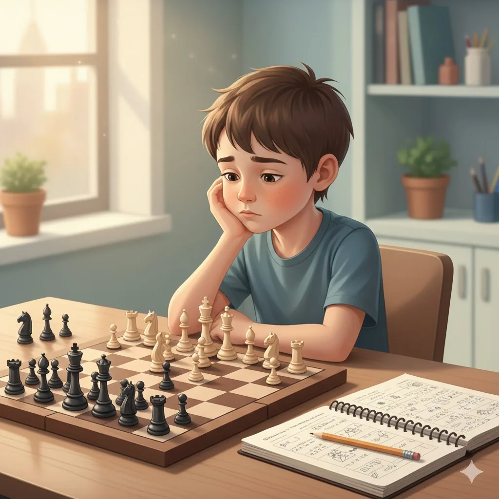 Дете, което мисли над шахматна позиция