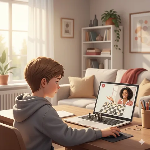 Дете, което учи шах онлайн с треньор