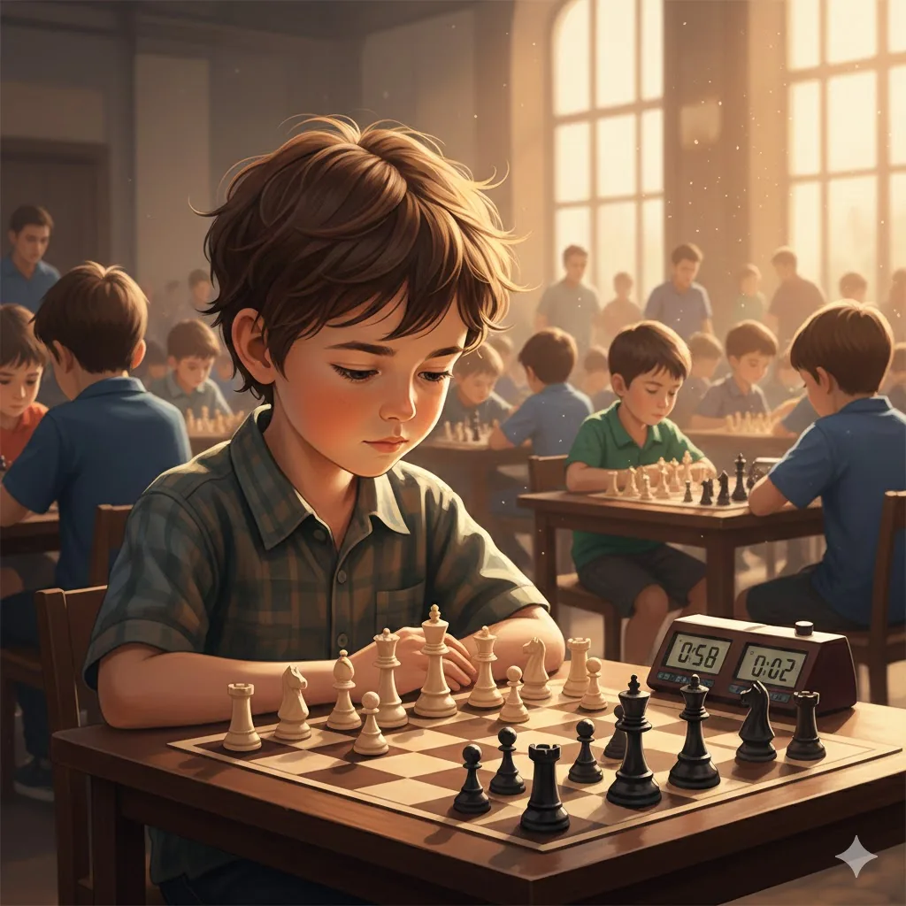 Дете на шахматен турнир пред дъска с часовник
