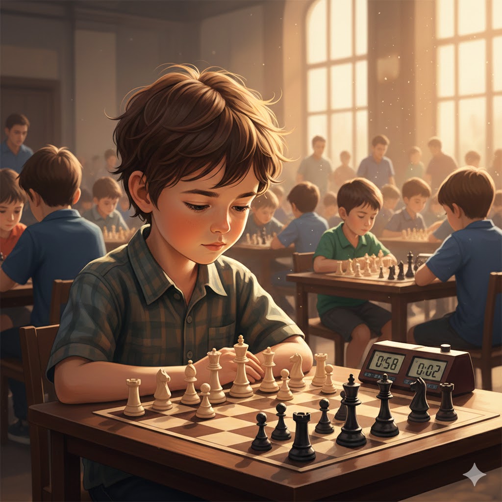 Дете на шахматен турнир пред дъска с часовник