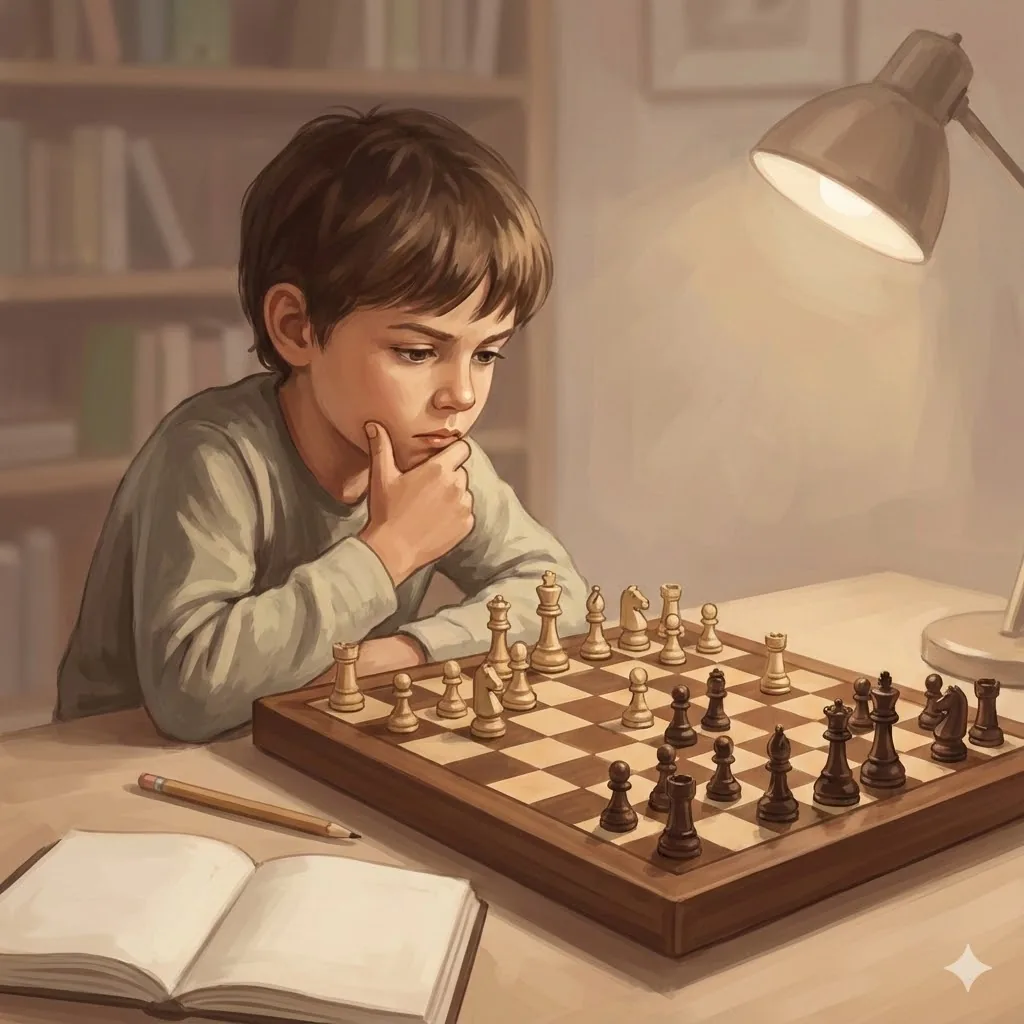 Дете, което решава тактическа шахматна задача