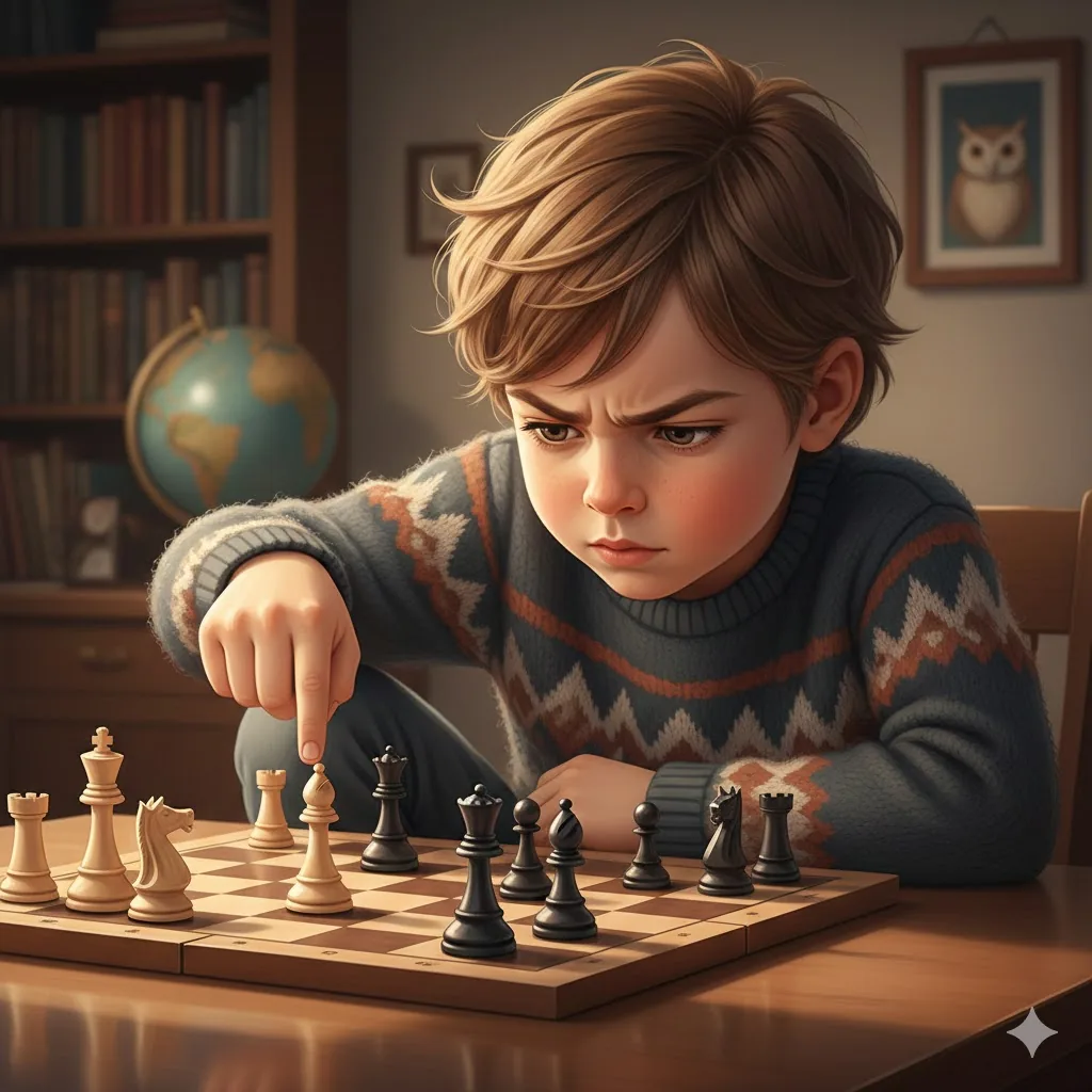 Дете, което търси заплахи на шахматната дъска